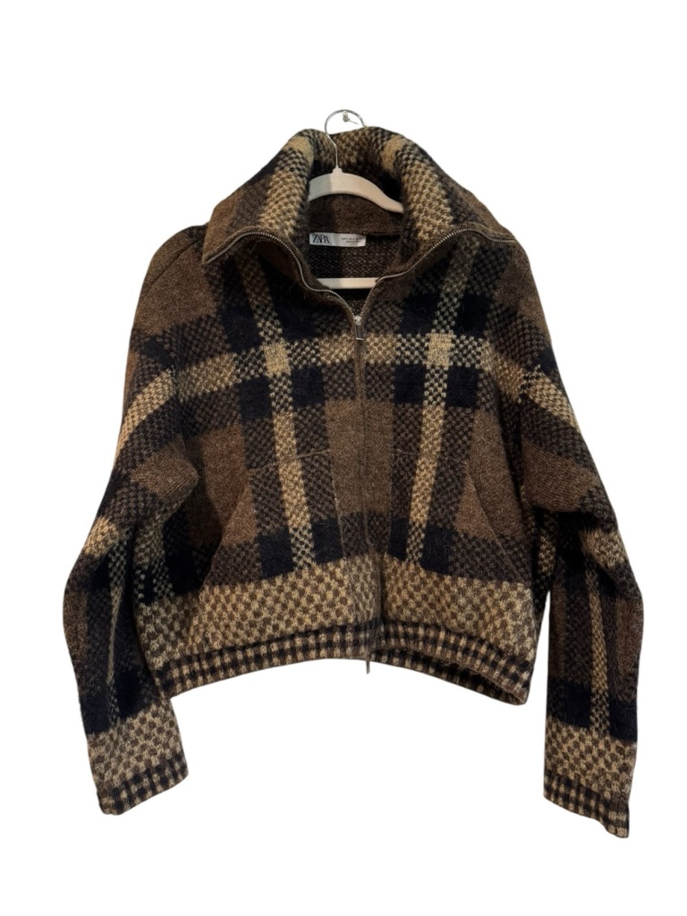 ZARA Plaid Cropped Sweater Jacket Zip Up Mock Neck Pockets Cozy Size S